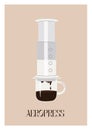 Trendy minimalist poster with aeropress and hot freshly brewed speciality coffee in a cup. Contemporary simple print