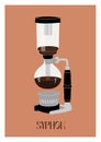 Trendy minimalist poster with glass syphon coffee pot and hot fresh brewed speciality coffee. Japanese craft coffee