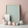 Trendy mock up with two photo frames and flowers in vase in light pastel colors. A photo frame on a table or a shelf, creative Royalty Free Stock Photo