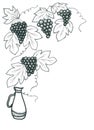 Corner pattern of juicy clusters of ripe grapes and a graceful antique jug