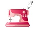 Trendy modern model sewing machine decorated card with pin isolated on white