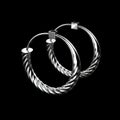 A trendy and modern pair of silver hoop earrings, with a unique spiral design