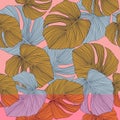 Trendy monstera leaves backdrop. Tropical pattern, botanical leaf seamless pattern on pink background