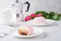 Trendy mousse cakes with pink mirror glaze. Heart shaped. Royalty Free Stock Photo