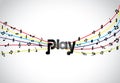 Trendy Music play icon or symbol with glowing play text art with colorful tones and notes