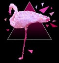 Trendy neon polygonal poster with flamingo. Origami styled artwork