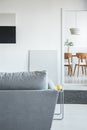 Open space living and dining room interior with grey couch and wooden furniture Royalty Free Stock Photo