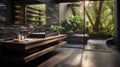 Trendy Outdoor Bathroom. Cultured concrete for a built-in bath. Interior designs finished in steel with a black patina