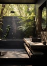 Trendy Outdoor Bathroom. Cultured concrete for a built-in bath. Interior designs finished in steel with a black patina