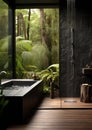 Trendy Outdoor Bathroom. Cultured concrete for a built-in bath. Interior designs finished in steel with a black patina