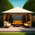 Trendy outdoor patio pergola shade structure, awning and patio roof, garden lounge, chairs, metal grill surrounded by la Royalty Free Stock Photo