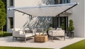 Trendy outdoor patio pergola shade structure, awning and patio roof, Royalty Free Stock Photo