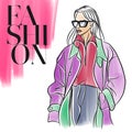 Trendy outfit, girl with glasses and a raincoat, fashion, watercolor, doodle Royalty Free Stock Photo