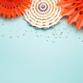 Trendy Paper coral and gold decoration on turquoise background. Holiday party background