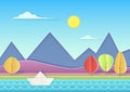 Trendy paper cuted landscape with mountains, hills, river, paper ship and trees. Summer landscape vector illustration.