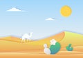 Trendy paper cuted style desert landscape with camel and cactus vector illustration.