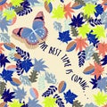Trendy Pastel Butterfly flying through the Autumn winter leaves