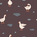 Trendy pattern with cute white gooses, puddles and grass. Seamless scandinavian geese pattern. Vector domestic goose