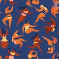 Trendy pattern with girls in summer swimsuits. Body positive. Vector seamless pattern.