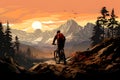 trendy pattern of a Silhouette Sportsman riding his bicycle in the mountains, Concept of active lifestyle and mountains ride Royalty Free Stock Photo