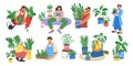 Trendy people with house plants, flowers and leaves in pots. Home garden greenery, persons grow green cactus, woman with