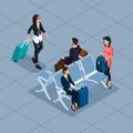 Trendy People Isometric vector 3D businessman, business woman, young woman, at the airport, waiting room, shops, luggage, travel, Royalty Free Stock Photo