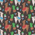 Trendy peruvian cartoon llama with cactus und rumba shaker seamless pattern on dark black background