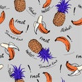 Trendy Pineapple and banana hand drawn sketch ,greeting Aloha