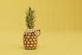 trendy pineapple in glasses on a yellow background. copy paste, copy space. 3d render