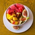 Trendy pink buddha bowl of fruit salad