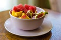 Trendy pink buddha bowl of fruit salad