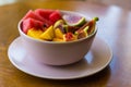 Trendy pink buddha bowl of fruit salad