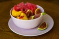 Trendy pink buddha bowl of fruit salad