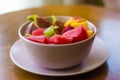 Trendy pink buddha bowl of fruit salad