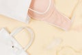 Trendy pink modern lady bra and silk panty, perfume. Fashionable cotton lingerie, woman underwear. Lace panties and bra