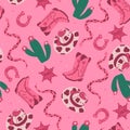 Trendy pink seamless pattern with cowboy boots, snakes, hats, cacti. Vector graphics