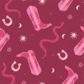 Trendy pink seamless pattern with cowboy boots, snakes and horseshoes. Vector graphics