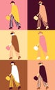 Trendy poster with fashion woman dressed in coat, hat, sunglasses, striped trousers.