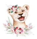 A trendy poster with a lion. Watercolor cartoon lion savanna animal illustration. Jungle savannah tropical exotic summer Royalty Free Stock Photo