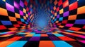 Trendy psychedelic checkerboard tunnel. Bold orange, blue and black colors. Modern checkered illustration. For nostalgic designs,