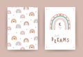 Trendy rainbow in boho style in different color. Sweet dreams. Children illustrations for poster or post card. Doodle