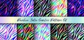 Trendy Rainbow Zebra seamless patterns set. Vector gradient wild animal skin, tiger texture with black, neon and rainbow