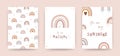 Trendy rainbows in boho style in pastel color. Set of different posters. Children illustrations for post card. Doodle