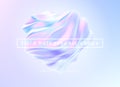 Trendy realistic pattern with holographic 3d shape on blue background for banner design. Fluid shape background. Rainbow