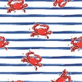 Trendy red Ocean crab with brush stroke blue stripe seamless pattern illustration vector EPS10 ,Design for fashion,fabric,web,