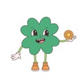 Trendy retro cartoon character clover with four leaf and gold coin. Happy Saint Patricks Day. Groovy style, vintage, 70s 60s