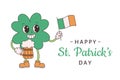 Trendy retro cartoon character clover with four leaf. Happy Saint Patricks Day. Clover with Ireland flag and beer. Groovy style,