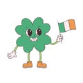 Trendy retro cartoon character clover with four leaf. Happy Saint Patricks Day. Clover with Ireland flag. Groovy style, vintage,