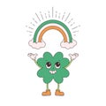 Trendy retro cartoon character clover with four leaf and rainbow. Happy Saint Patricks Day. Groovy style, vintage, 70s 60s