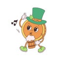 Trendy retro cartoon character gold coin with beer and hat. Happy Saint Patricks Day. Groovy style, vintage, 70s 60s aesthetics.